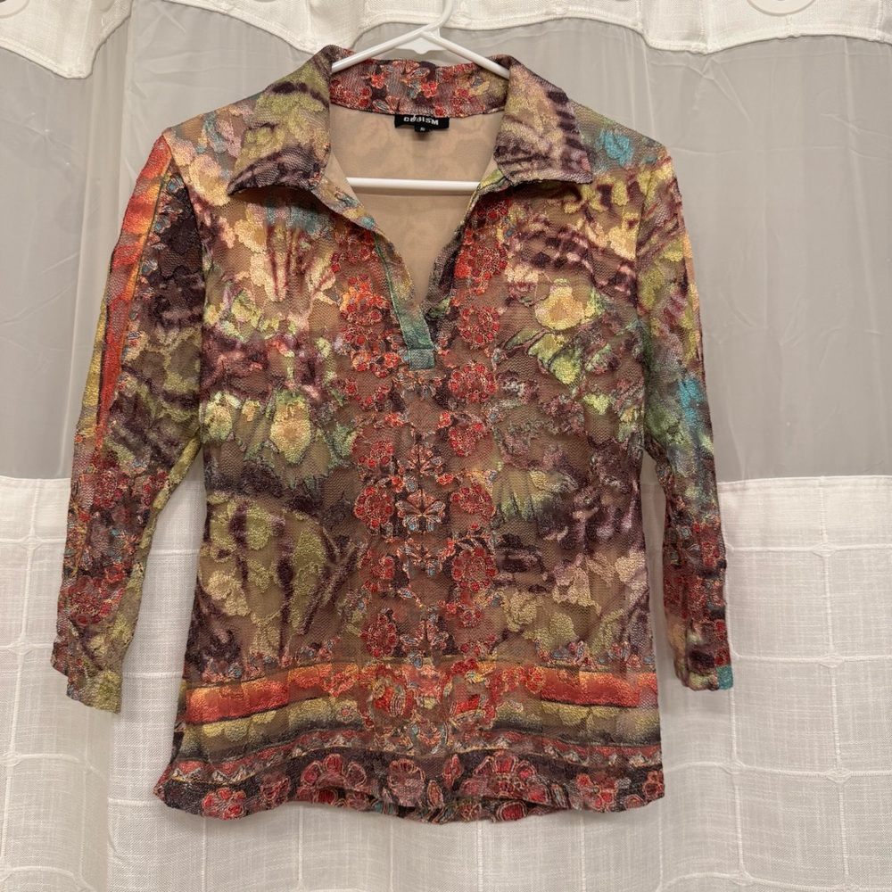 Y2K Sheer Mesh Floral Quartersleeve Top